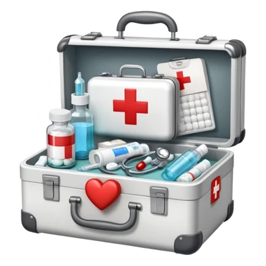 An icon featuring a medical suitcase with a red cross, a bottle of pills, a stethoscope, and a syringe, symbolizing medicine. The design includes a thermometer, bandages, and a heart monitor, representing healthcare and medical treatment. Transparent background highlights the science of healing. sticker