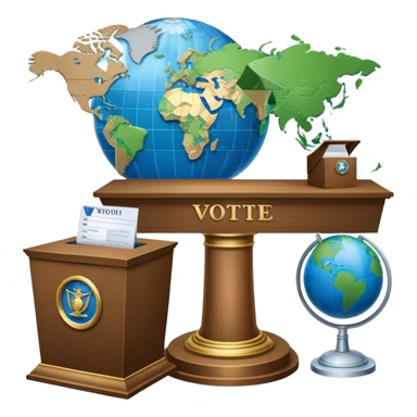 An icon featuring a podium with a speaker, a ballot box with a voting slip, and a globe, symbolizing political science. The design includes scales of justice and a world map in the background, representing governance and global politics. Transparent background highlights political analysis. sticker