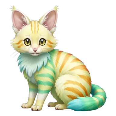  cute adorable yellow-green-turquoise-gradients albino fur with random colorful iridescent rainbow markings beautiful elegant pretty precious cute  Fakémon-Pokémon-opossum-feline-serval-caracal-chinchilla-Minccino-hybrid-creature with a big fluffy bushy striped tail (full body) sticker