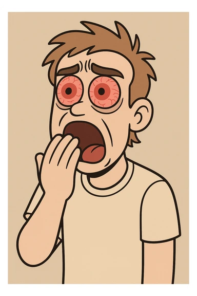 an ordinary person yawning, with wide, red eyes, looking exhausted from lack of sleep, illustrated sticker