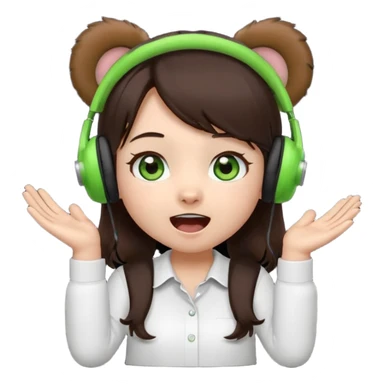 Animated emoji, Chibi girl, dark brown hair, green eyes, wearing a white shirt and small brown bear ears on a black headset, with wide happy surprised eyes and mouth and clapping excitedly sticker