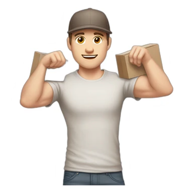 Pale skinned fit Man with dark brown hair in a light gray cap, dark brown jeans, brown polo and white T-shirt keeping a pasted with tape white box into his hands sticker