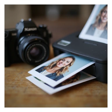 realistic thumbnail for a passport size photo printing service, with a close-up of a printer outputting passport photos and a camera nearby sticker