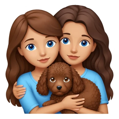 A girl with blue eyes and long hair hugging her little Brown Spanish water dog  sticker