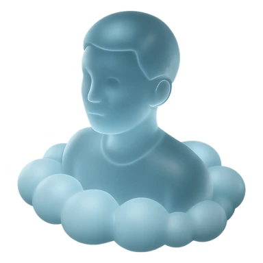 person looking straight, shoulders immersed in fluffy convex white clouds sticker