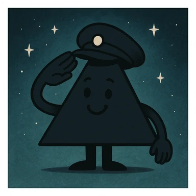 A magical isosceles triangle that is smiling and saluting with a cap with a background sticker