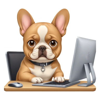 Frenchie working behind computer sticker