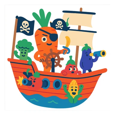 pirate ship crewed by living vegetables, captain is a giant carrot wearing an eyepatch, colorful absurd style, no text sticker