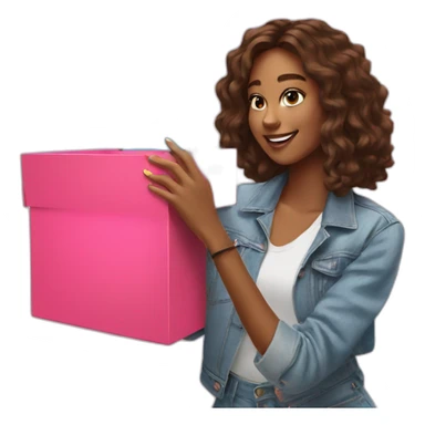 influencer taking a selfie holding a bright box sticker