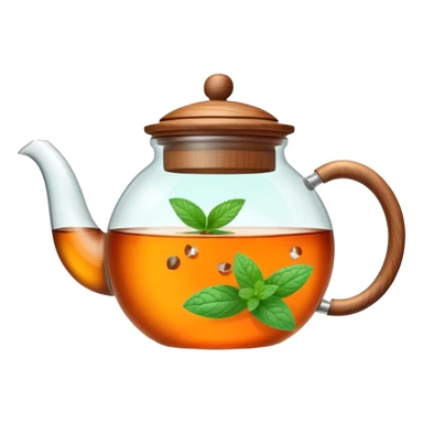 Cinematic realistic emoji depicting a transparent teapot with a realistic wooden lid filled with tea and floating in it small pieces of orange and two mint leaves, rich texture, without unnecessary decoration sticker