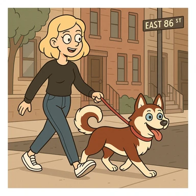 Cute Blonde woman wearing a black sweater and jeans and white sneakers walking a happy red-brown blue-eyed Siberian husky in New York City on an upper east side city sidewalk  sticker