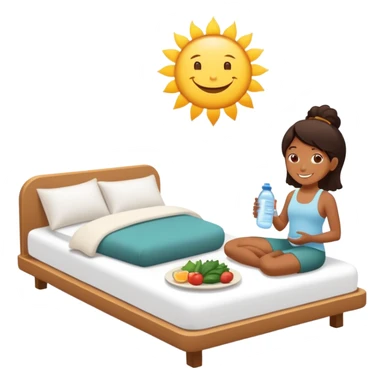 A person in the sun, with a plate of whole foods, water bottle, and glowing bed behind them. Nearby, smiling friends gather—symbolizing balance, healing, and connection through simple daily rituals. sticker