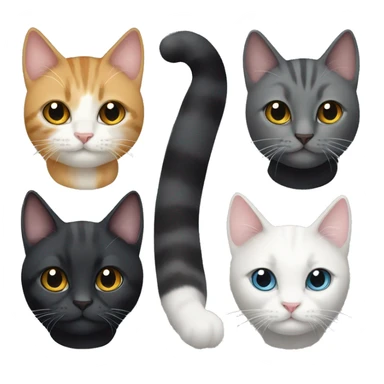Four cats: two all black cats, a tabby cat, and a white and grey cat sticker