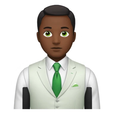 businessman, black skin, black eyes, white suit vest, green tie sticker