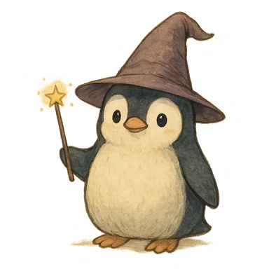 a cute penguin wizard with a pointy hat and a magic wand, ghibli style sticker
