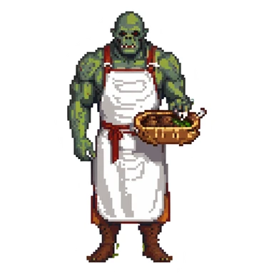 orc male Apron with "Kiss the Cook" (scratched out, replaced with "Fear the Cook"), giant rib bone as a weapon. sticker