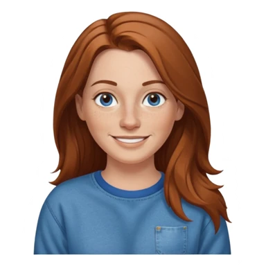 A 38 year old white woman with long brown hair parted in the middle. She has a nose ring. She has freckles and is wearing a sweatshirt and jeans smiling sticker