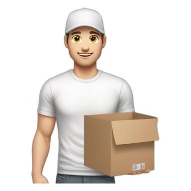Pale skinned fit Man with dark brown hair in a white cap, gray jeans and gray polo T-shirt keeping a pasted box into his hands sticker