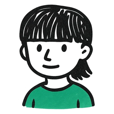 A boy with straight bangs covering his eyebrows, long hair at the back, black eyes, and brownish-black hair, wearing a green shirt the color of brilliant green antiseptic. sticker