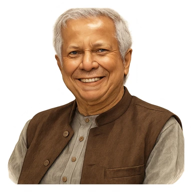 Мухамма́д Юну́с в слегка рисованном, но при это объемный стиль, прозрачный фон sticker