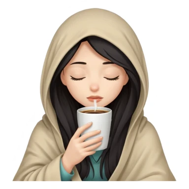 pale raven haired girl inside a blanket over her head sipping coffee eyes closed sticker
