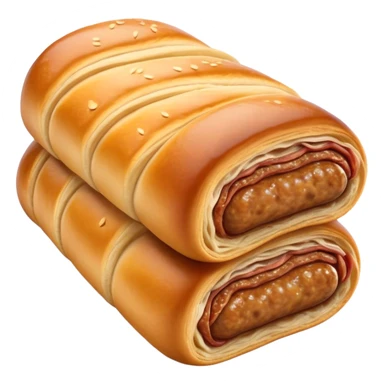 Cinematic Realistic Sausage Roll Dish Emoji, depicted with a crisp, golden pastry wrapped around flavorful sausage, rendered with detailed textures and appetizing lighting. sticker