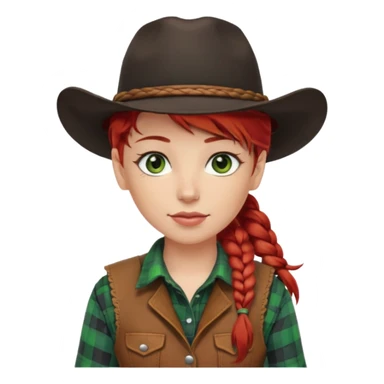 cowgirl with red hair in one braid over shoulder, green eyes, black hat  sticker