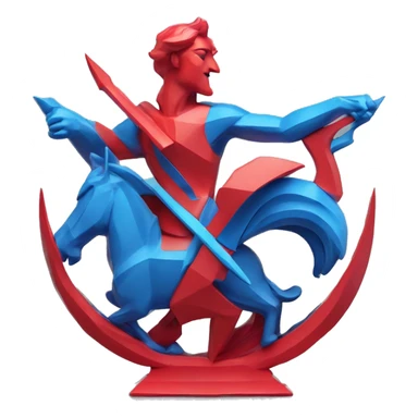 A Sagittarius sculpture with a geometric, faceted design. The Sagittarius is standing upright with angular and baroque features. The vibrant red with blue accent flame colors highlights the sharp edges and planes. sticker
