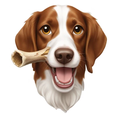 A Brittany spaniel dog eating a deer horn sticker