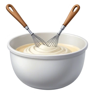 Cinematic Realistic Whisk & Mixing Bowl, a well-used metal whisk resting in a smooth ceramic mixing bowl, light reflecting off the whisk’s polished surface, subtle smears of batter along the rim, glowing with a sense of warmth and creativity. sticker