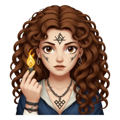 woman with long curly brown hair, brown eyes, white skin, tattoos, raising one eyebrow as a rune lights up “obvious” sticker