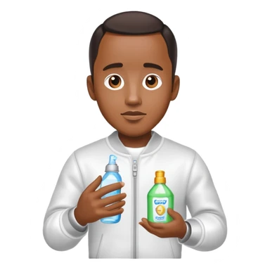 Diddy wearing a party outfit holding baby oil sticker