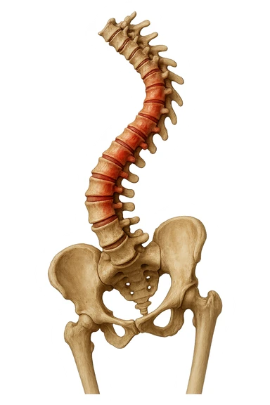SPINA DORSALE STORTA E INFIAMMATA CON BACINO UMANO ANATOMICO REALISTICO INCLINATO, iperrealistica 4k sticker