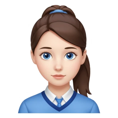 Realistic Student Portrait, with porcelain-like skin featuring a natural rosy flush, illuminated by soft lighting that highlights the gentle contours of her face. Her Brunette pony tail hair flows in soft, Her deep blue eyes radiate warmth and innocence,  wear light blue preppy style. sticker