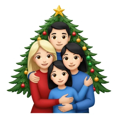 Generate Christmas-style emojis  family. Where light-skinned people stand near the tree all together, hugging and smiling. 2 girl should be Light-haired woman, 1 woman black-haired woman, and add 1 man  sticker
