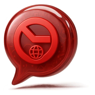 Create a Slack emoji icon in the glossy circuit style as the reference image. Show a minimalist red chat bubble with a red stop sign and a small globe or external link symbol, indicating a conversation blocked by an external party. The icon should be easy to recognize and clear at small size with bold lines and a glossy red chat bubble base. sticker