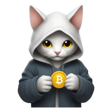 A hooded cat is holding btc in his hand , sweeter and night-themed sticker
