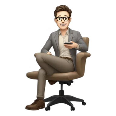 Pale skinned Fit Man With dark brown hair in gray jacket, beige office shirt, Brown pants and vintage glasses In the joke cap sitting In a soft chair with a notebook and a pen  sticker