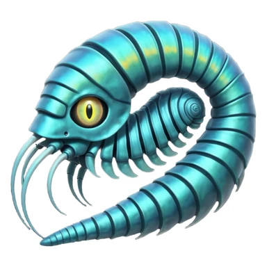 An iridescent, chitinous trilobite with glowing cyan eyes pulses rhythmically as a miniature black hole orbits its brow, distorting space-time. Its fractal-patterned exoskeleton shifts colors unsettlingly, and its mouth opens into a spiraling void that hums with forgotten whispers. sticker