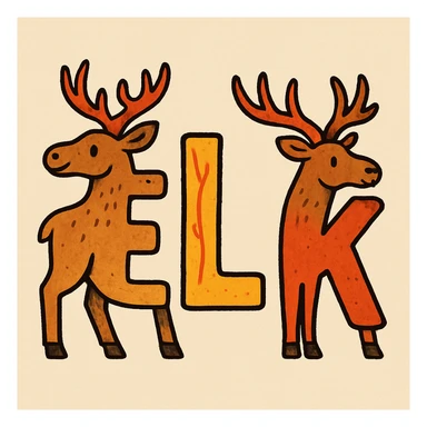 The word ELK spelled out in creative, bold letters, each letter designed to resemble an elk or have elk antlers, playful and eye-catching. sticker