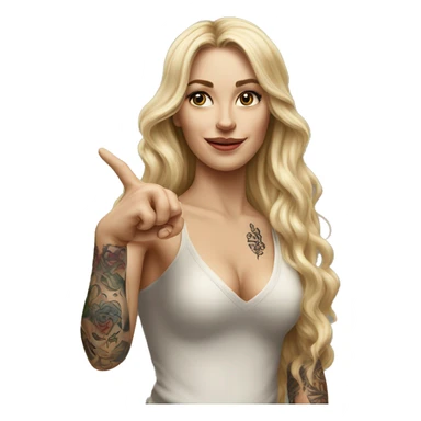 Blonde elegant women with LONG HAIR, her Body Covered with Tattoos, POINTING YOU FORWARD with her HAND with INDEX FINGER, Hyper realistic sticker