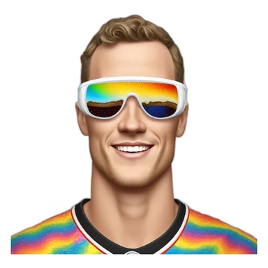 Fancy disco Jonathan Toews wearing rainbow lace shirt and wearing VR glasses and eating a moon pie sticker
