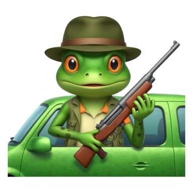 Frog with gun in back seat on moving van sticker