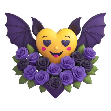 3D emoji gothic heart, dark purple velvet, silver bat wings, tiny black roses sticker
