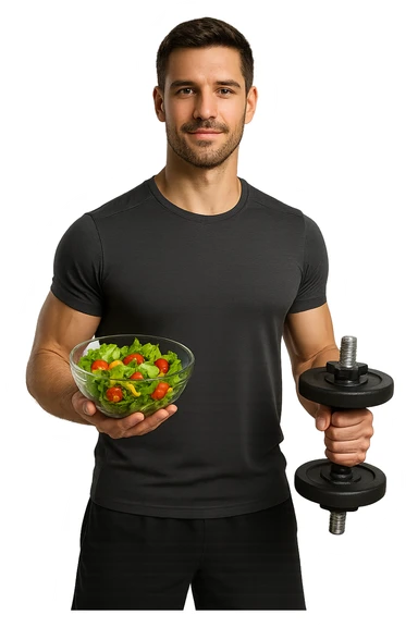 uomo fitness che fa ha un insalata nella mano destra e un manubrio da palestra nella mano sinistra sticker