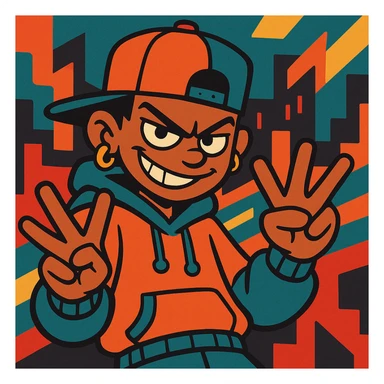mischievous character with a smirk, both hands showing the YVL hand sign, hip-hop style, energetic vibe, urban color palette sticker
