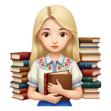 A Ukrainian girl in an embroidered shirt holds many books sticker