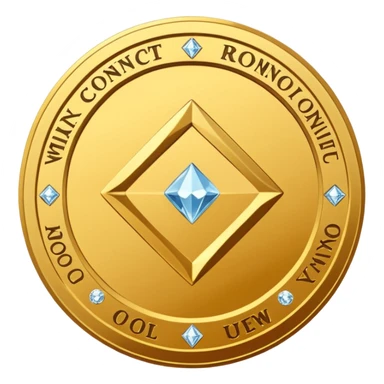 Create a high-quality 3D render of a shiny yellow/gold coin. In the center of the coin, place a diamond-shaped logo (“wajik”). Around the logo, engrave the text “Rusoconnect Network” in a circular layout. sticker