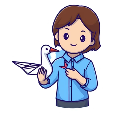 A happy Ukrainian young girl with brown hair in a white embroidered shirt holds an origami blue crane sticker