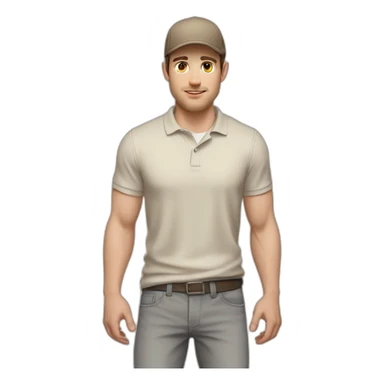 Pale skinned fit Man with dark brown hair in a beige cap, gray jeans, brown polo and white T-shirt keeping a pasted with tape white box into his hands sticker